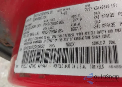 2003 Dodge Dakota Sport/Sxt from USA, damaged, VIN 1D7HG38X03S333959